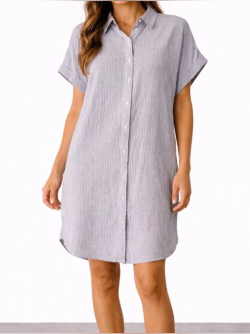 Tahari 100% Linen Blue White Striped Button Down Short Sleeve Shirt Dress M